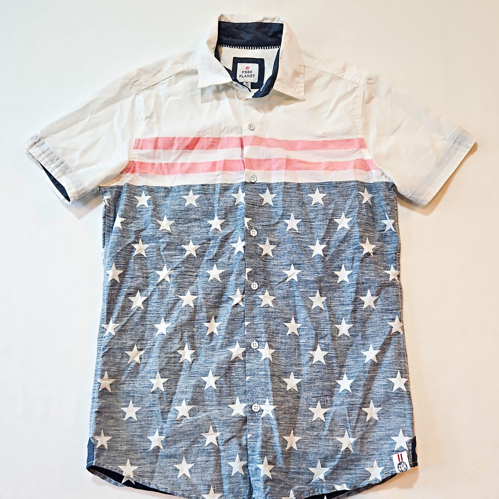 Free Planet Men's XS Cotton Woven Button-Up Shirt Short Sleeve USA Stars